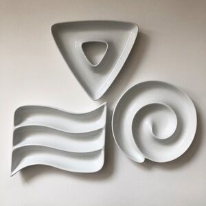 3 Eclectic Decorative Appetizer Plates in White Ceramic